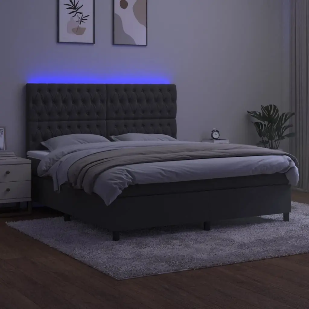 Queen Size Box Spring Bed with Pocket Spring Mattress LED Headboard Grey Velvet
