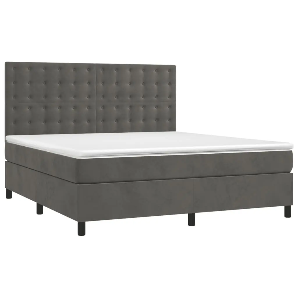 Box Spring Bed Grey Velvet Queen Size LED Lights Pocket Spring Mattress