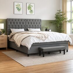 Queen Size Box Spring Bed with Pocket Spring Mattress Dark Grey Fabric Headboard