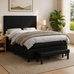 Double Box Spring Bed with Pocket Spring Mattress Black Faux Leather 137x187cm