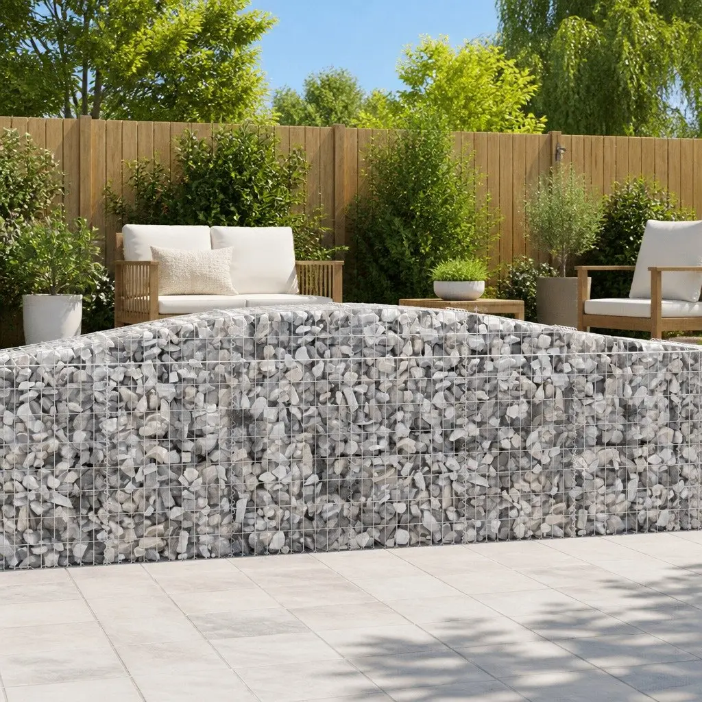 Arched Gabion Baskets Silver 400x30x80/100 cm Decorative Sound-Insulating Garden Barrier 2 Piece Galvanised Iron Construction