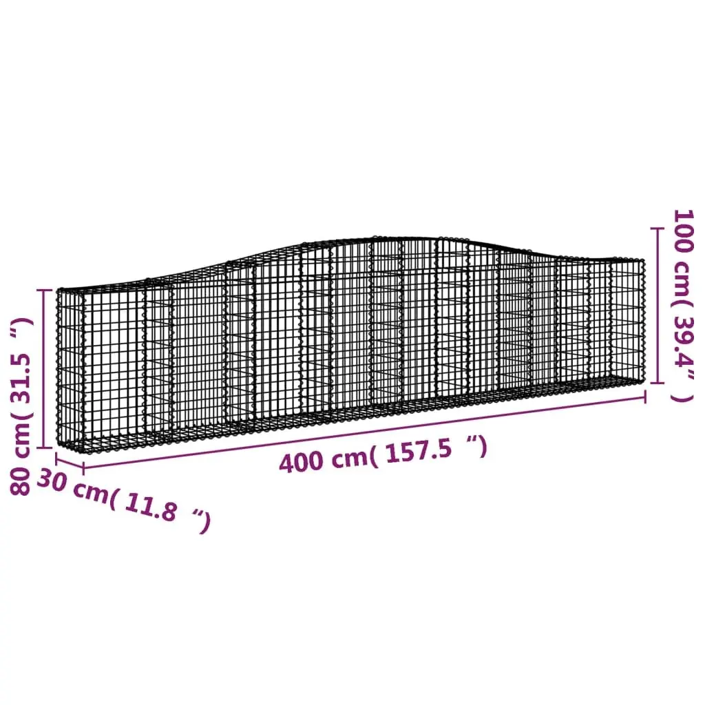 Arched Gabion Baskets Silver 400x30x80/100 cm Decorative Sound-Insulating Garden Barrier 2 Piece Galvanised Iron Construction