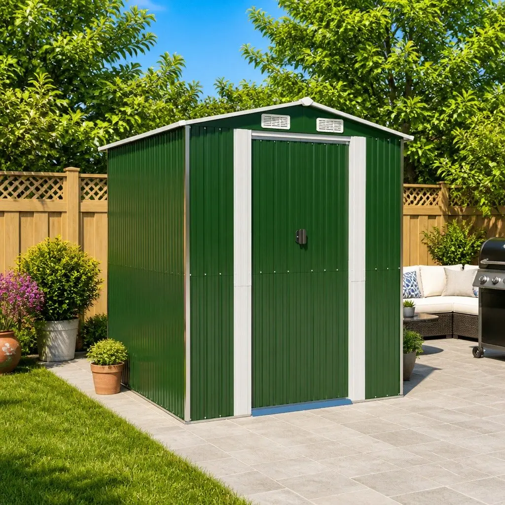 Garden Shed Green Galvanised Steel Outdoor Storage Tool House Double Sliding Doors