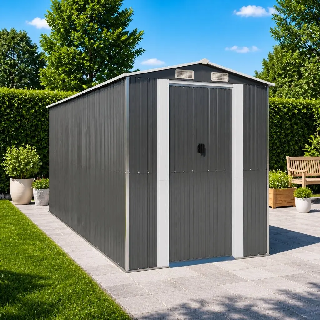 Garden Shed Grey Galvanised Steel 192x440x223cm Durable Outdoor Storage Tool House