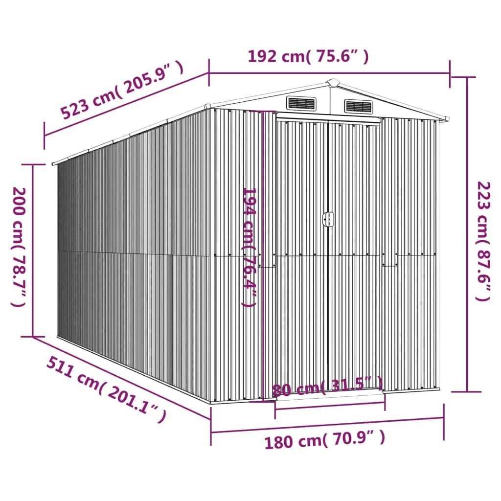 Garden Shed Grey Outdoor Storage Tool House Galvanised Steel 192x523x223 cm
