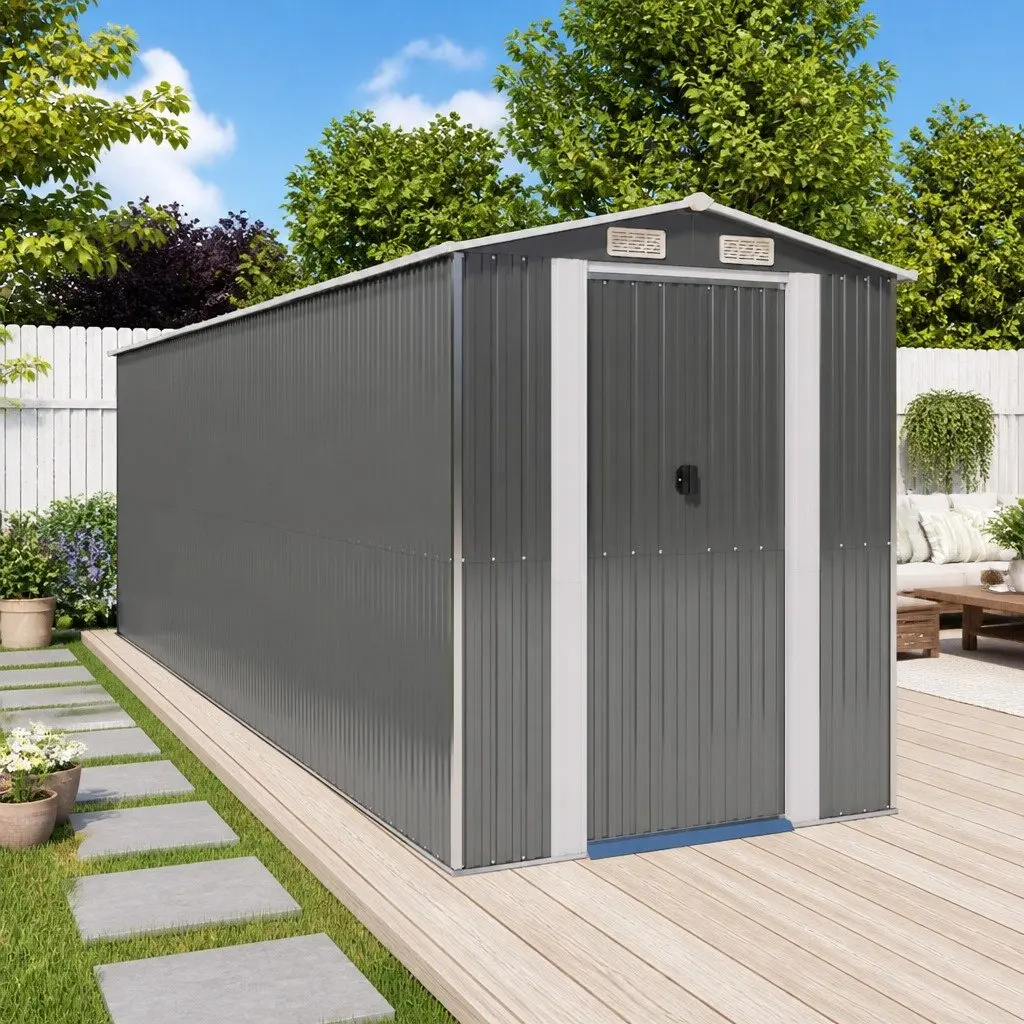 Garden Shed Outdoor Storage Grey Galvanised Steel Spacious Tool House 192x606x223cm