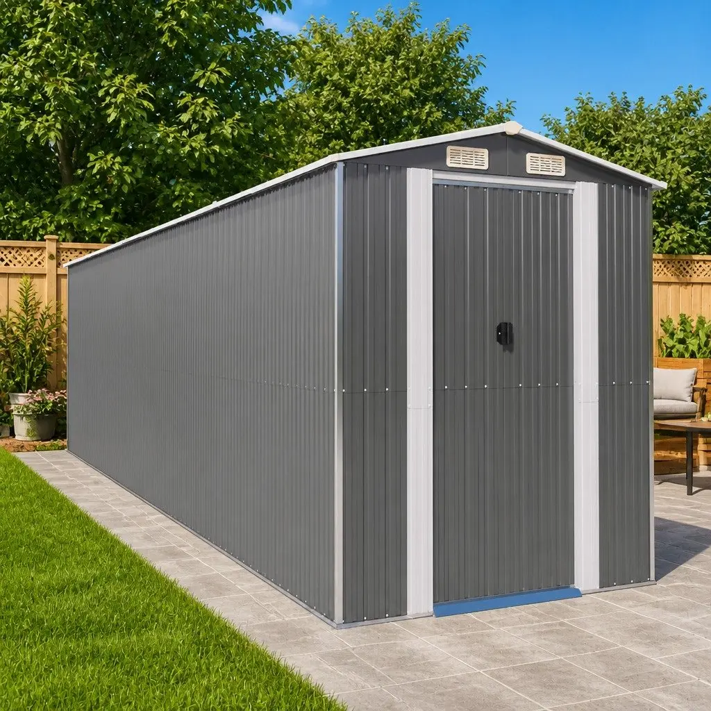Garden Shed Grey Galvanised Steel Weatherproof Spacious Outdoor Storage Tool House