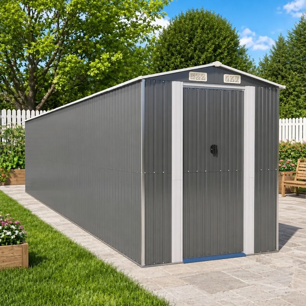Garden Shed Galvanised Steel Outdoor Storage Tool House Grey 192x938x223cm