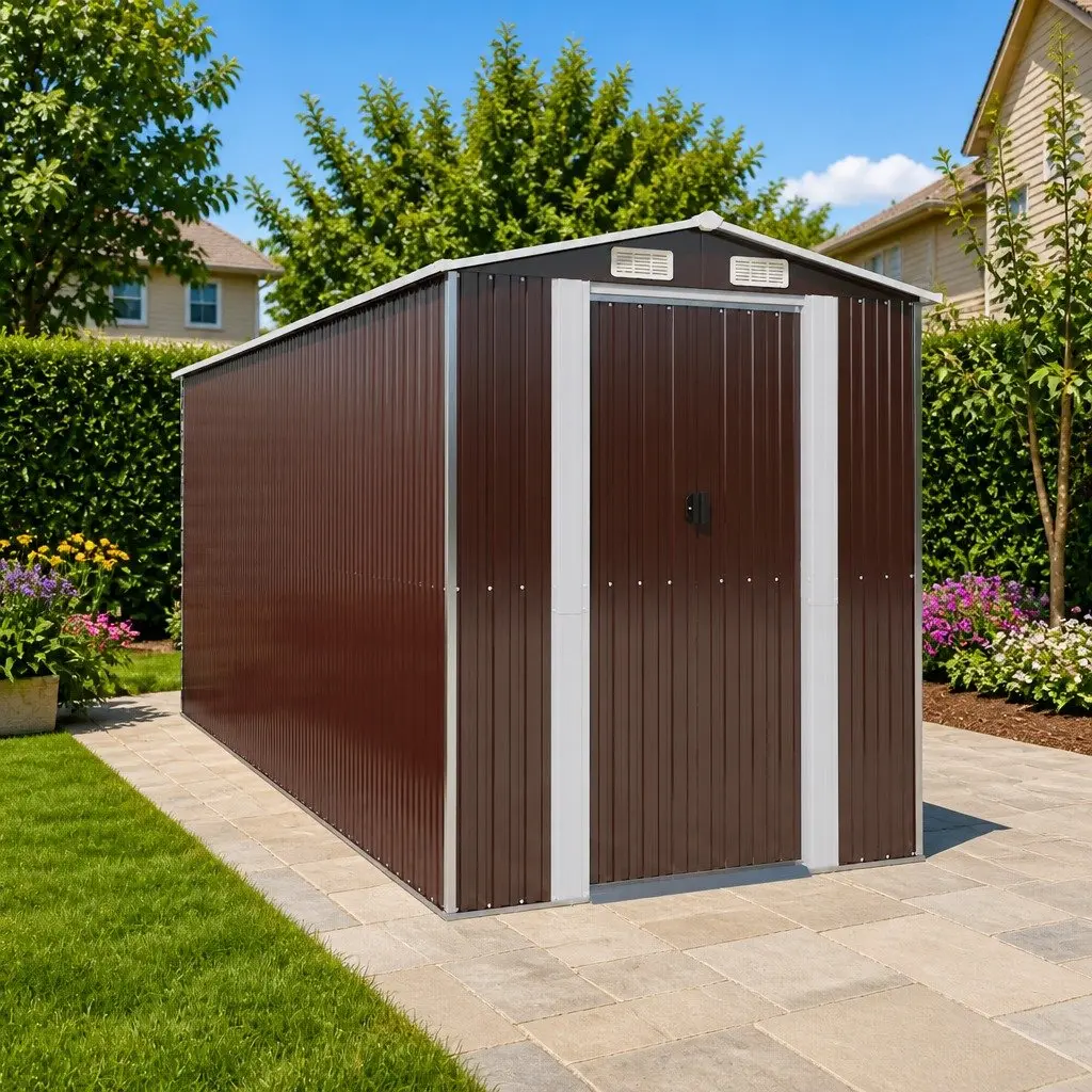 Garden Shed Dark Brown Galvanised Steel 192x440x223cm Spacious Outdoor Storage Tool House