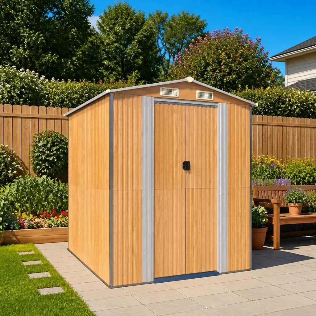 Garden Shed Brown Galvanised Steel Double Doors Outdoor Storage Tool House