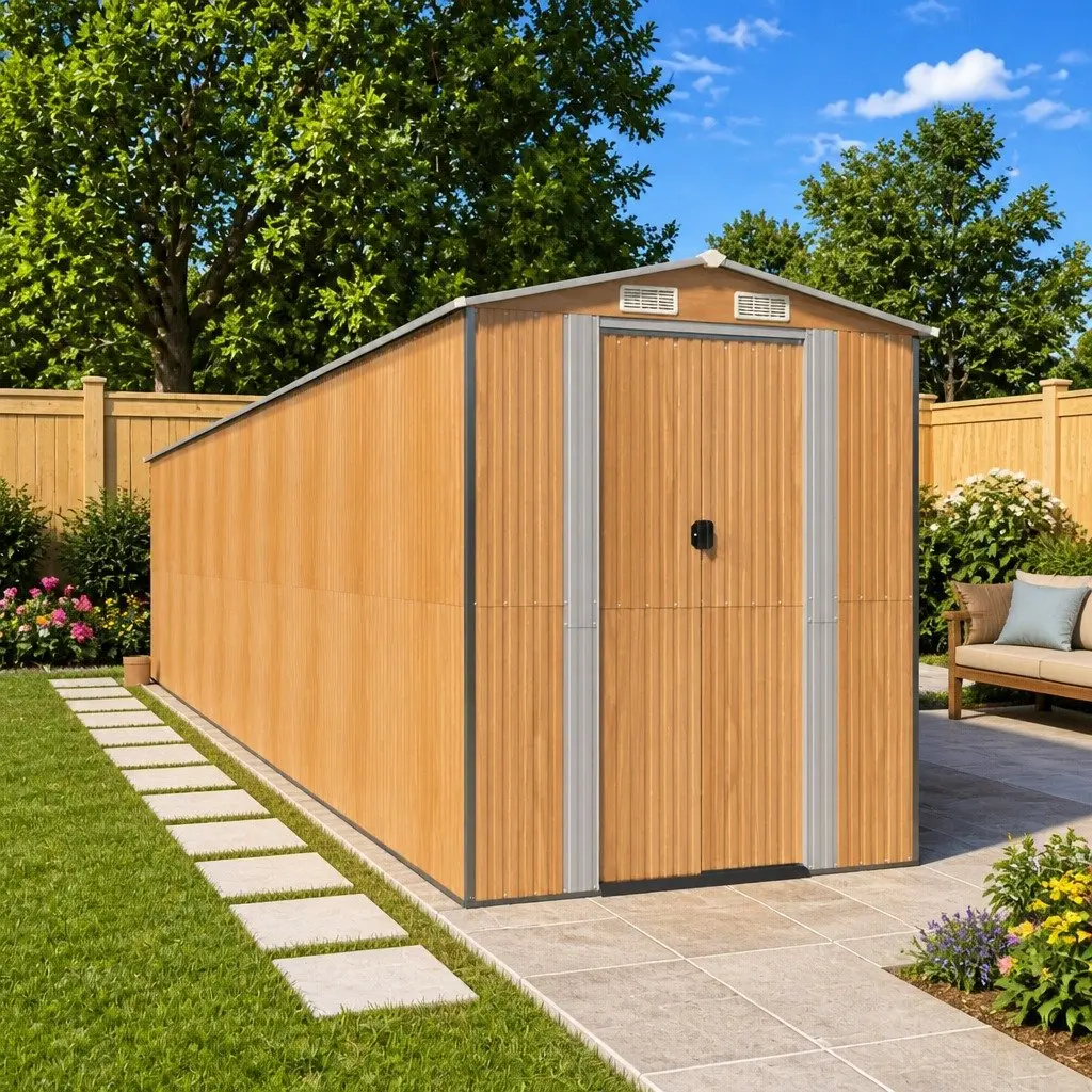 Brown Galvanised Steel Garden Shed with Double Doors
