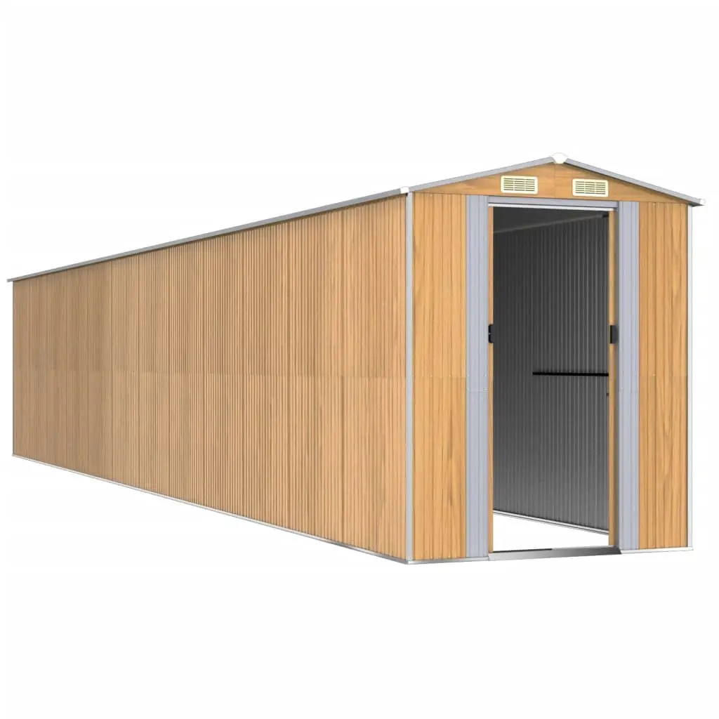Garden Shed Brown Metal Outdoor Storage with Double Sliding Doors and Ventilation 192x102x223cm