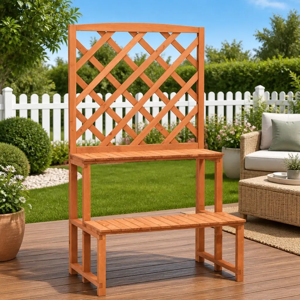 Plant Stand Orange Solid Firwood Two Height Ladder Shelves with Trellis