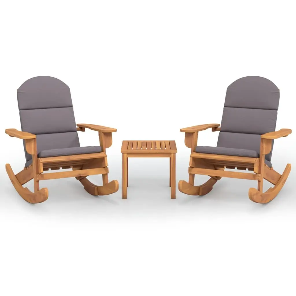 Adirondack Garden Lounge Set Brown 3 Piece Outdoor Furniture Wooden Rocking Chair with Cushions and Coffee Table