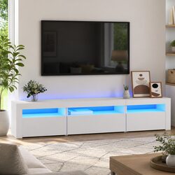 Compact White TV Cabinet with RGB LED Lights - Simple Design