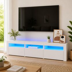 Compact White TV Cabinet with RGB LED Ambient Lighting