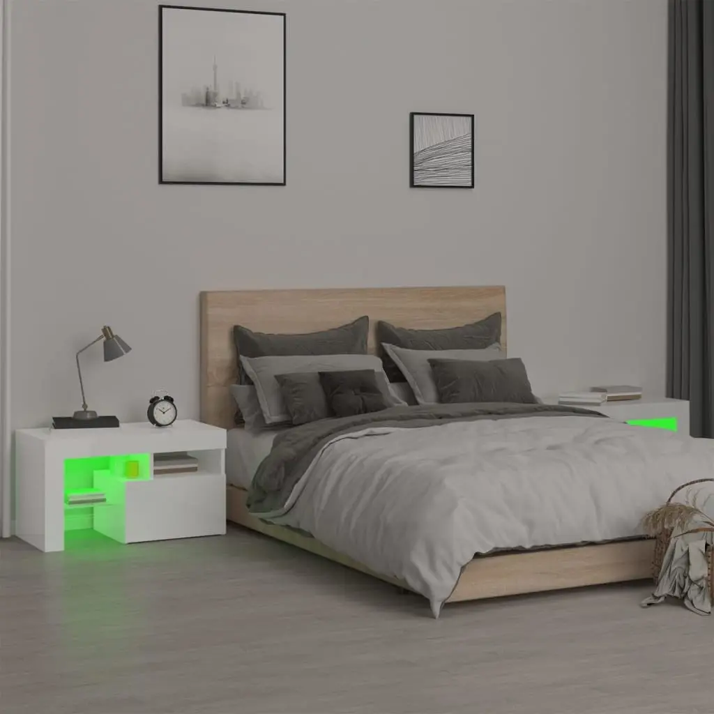 Bedside Cabinets High Gloss White 2pcs RGB LED Lights Modern Bedroom Storage