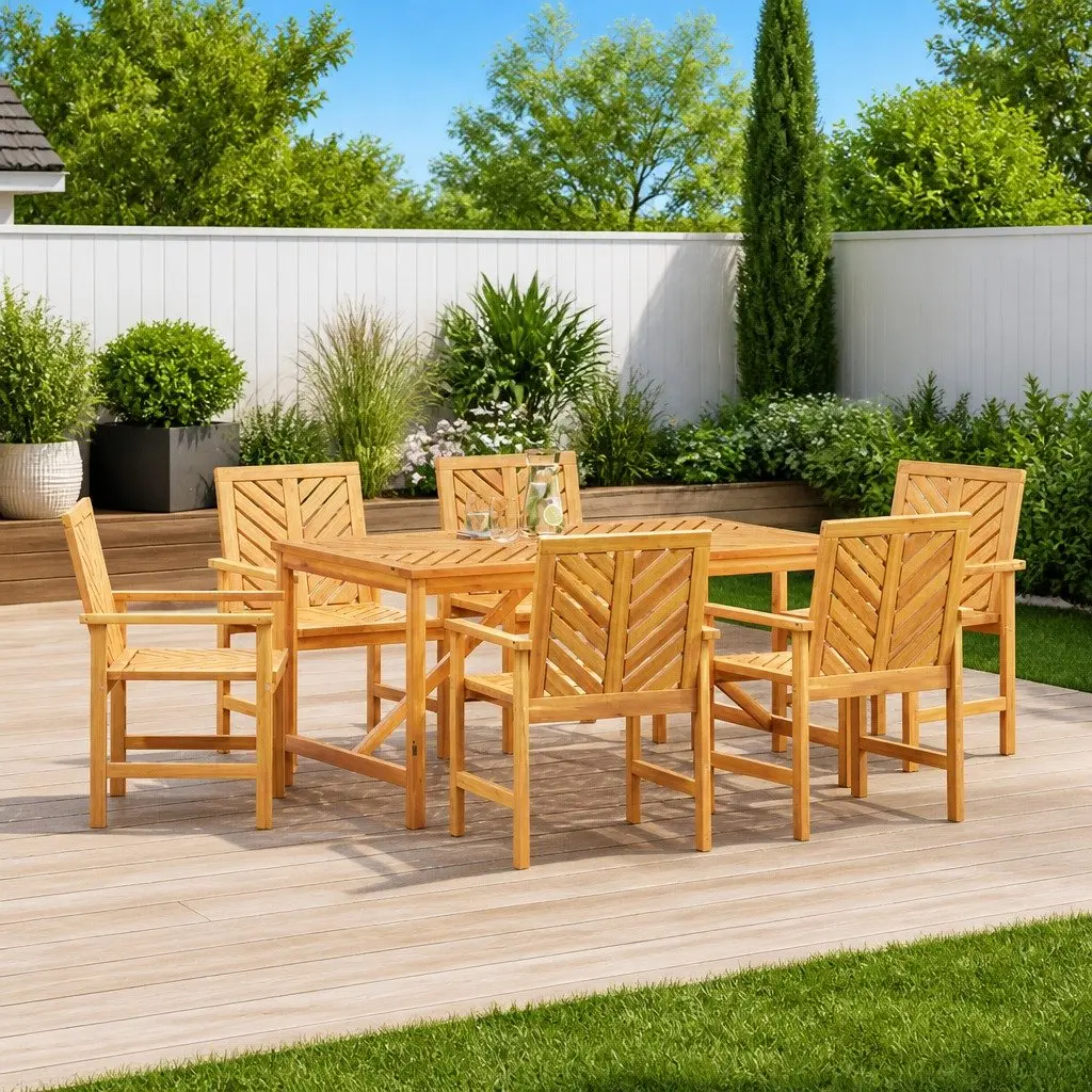7 Piece Outdoor Dining Set with Solid Wood Table