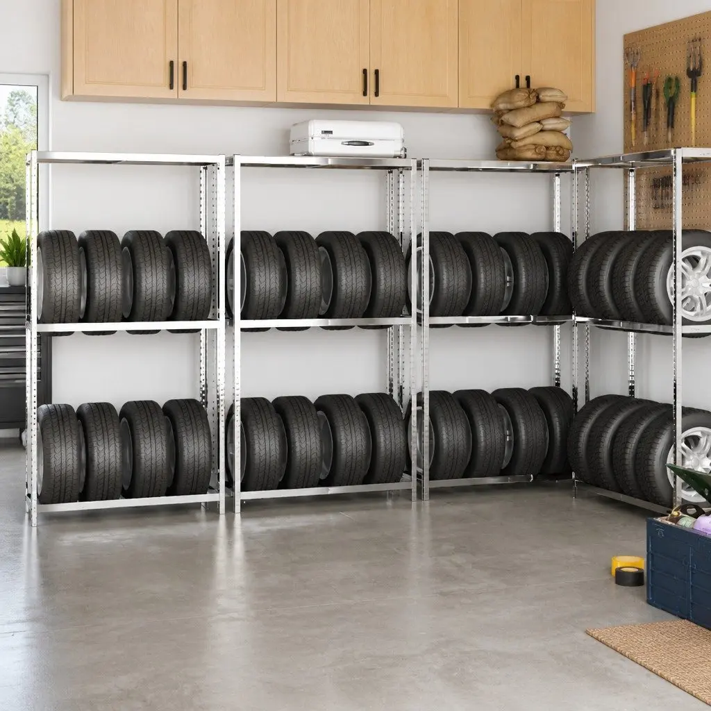 2-Layer Tire Rack Silver 110x40x180 cm Steel Adjustable Shelving for Garage Storage
