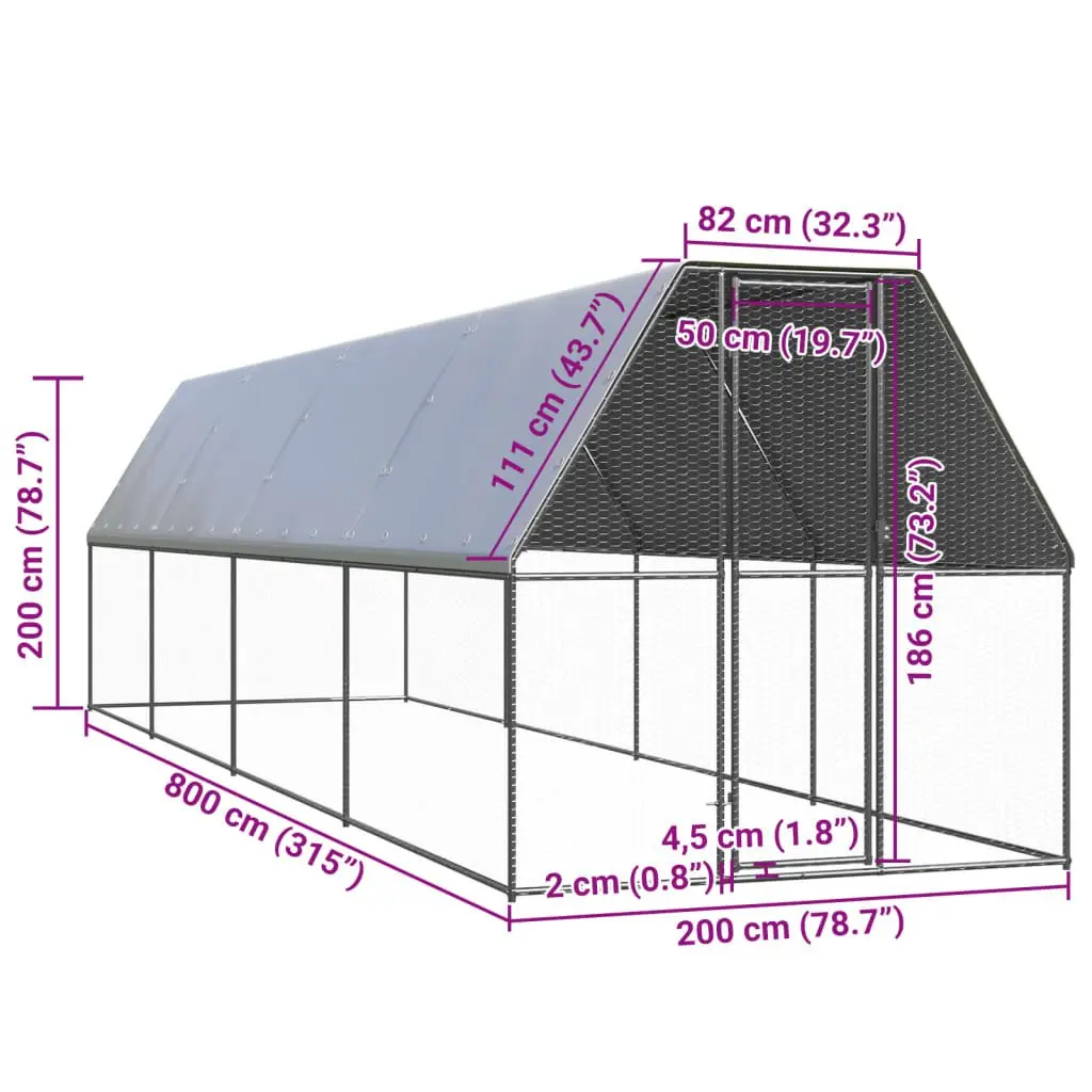 Outdoor Chicken Cage Silver 2x8x2 m Galvanised Steel Run Coop Hen House Pen
