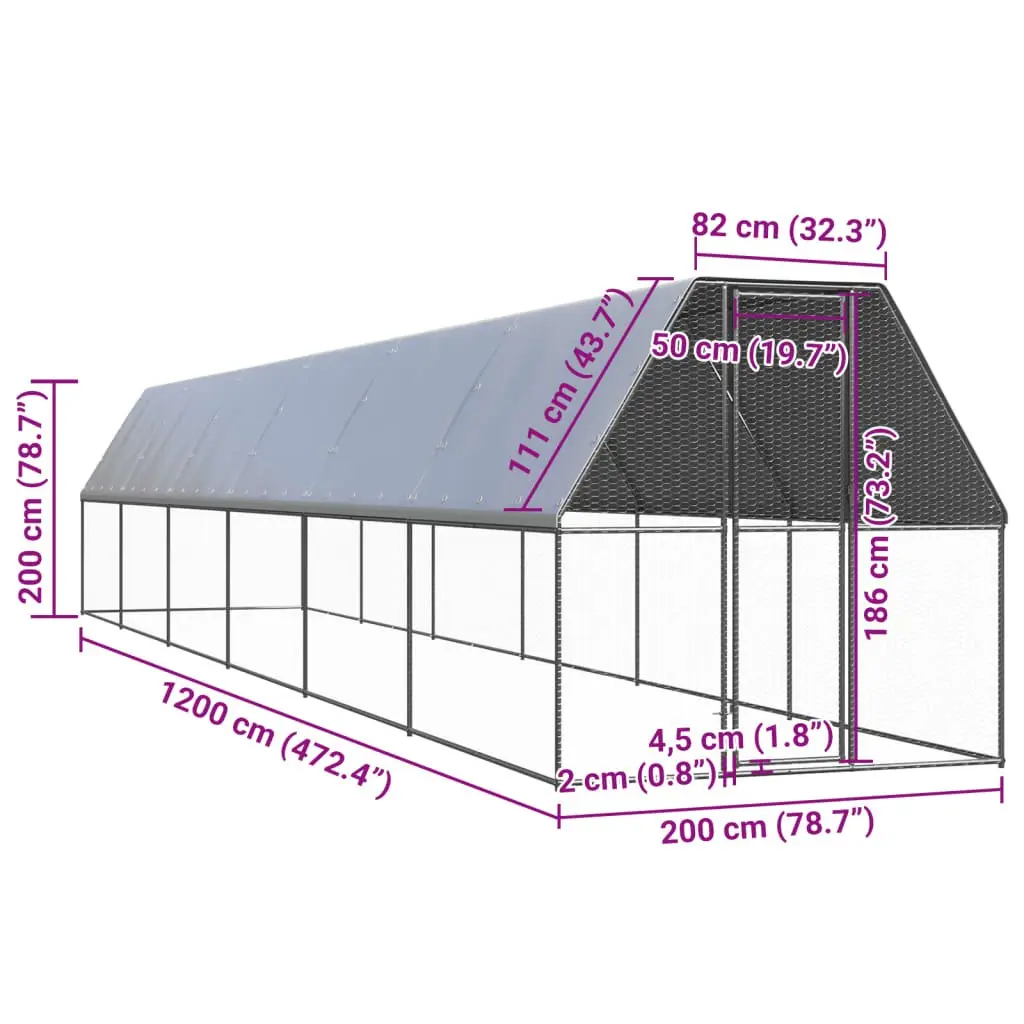 Chicken Coop Outdoor Cage Silver 2x12x2 m Galvanised Steel Small Animal Habitat