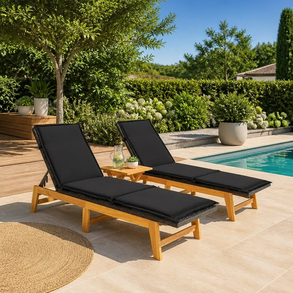 3 Piece Garden Lounge Set Black Poly Rattan Acacia Wood Outdoor Adjustable Backrest