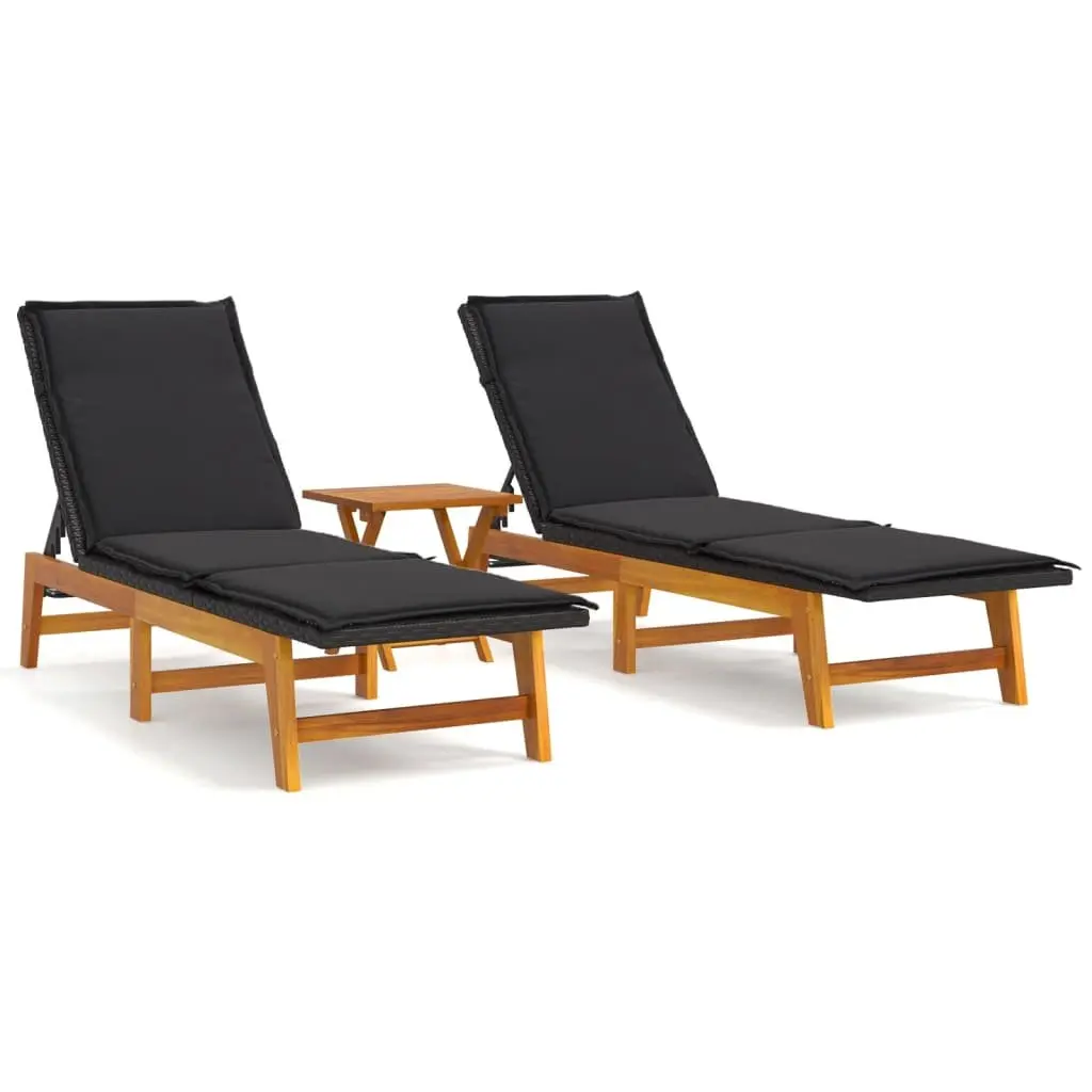 3 Piece Garden Lounge Set Black Poly Rattan Acacia Wood Outdoor Adjustable Backrest