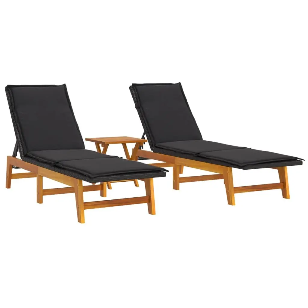 3 Piece Garden Lounge Set Black Poly Rattan Acacia Wood Outdoor Adjustable Backrest