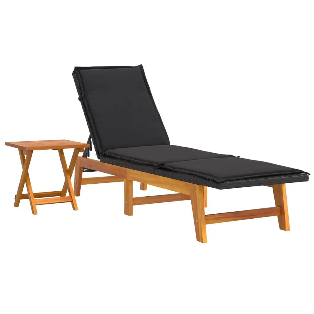 3 Piece Garden Lounge Set Black Poly Rattan Acacia Wood Outdoor Adjustable Backrest