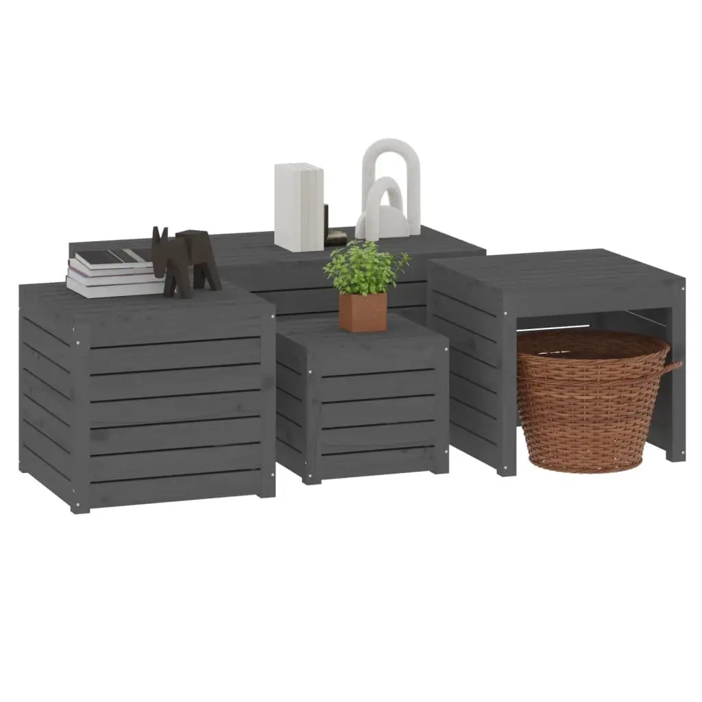 Garden Storage Box Set 4 Piece Grey Solid Pine Wood Outdoor Patio Furniture
