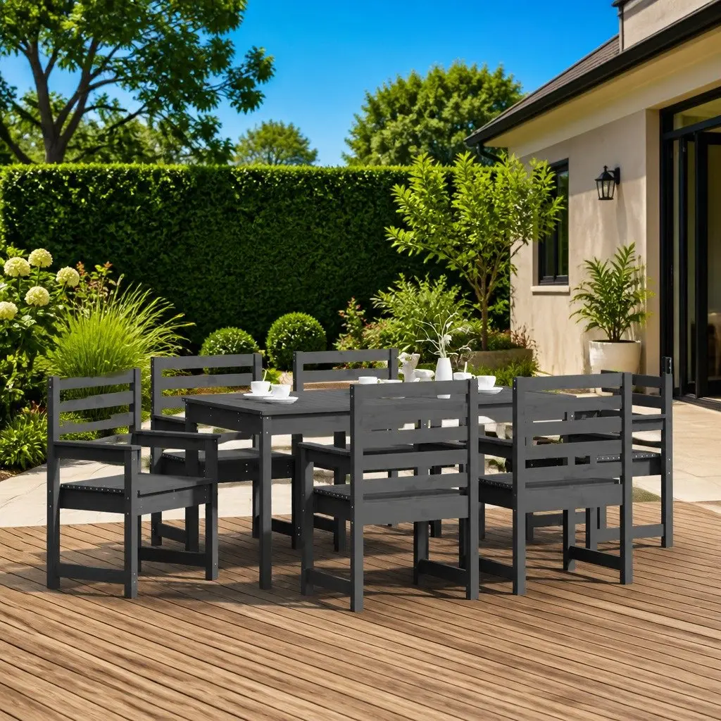 7 Piece Outdoor Garden Dining Set Grey Solid Wood Pine Table Chairs Patio