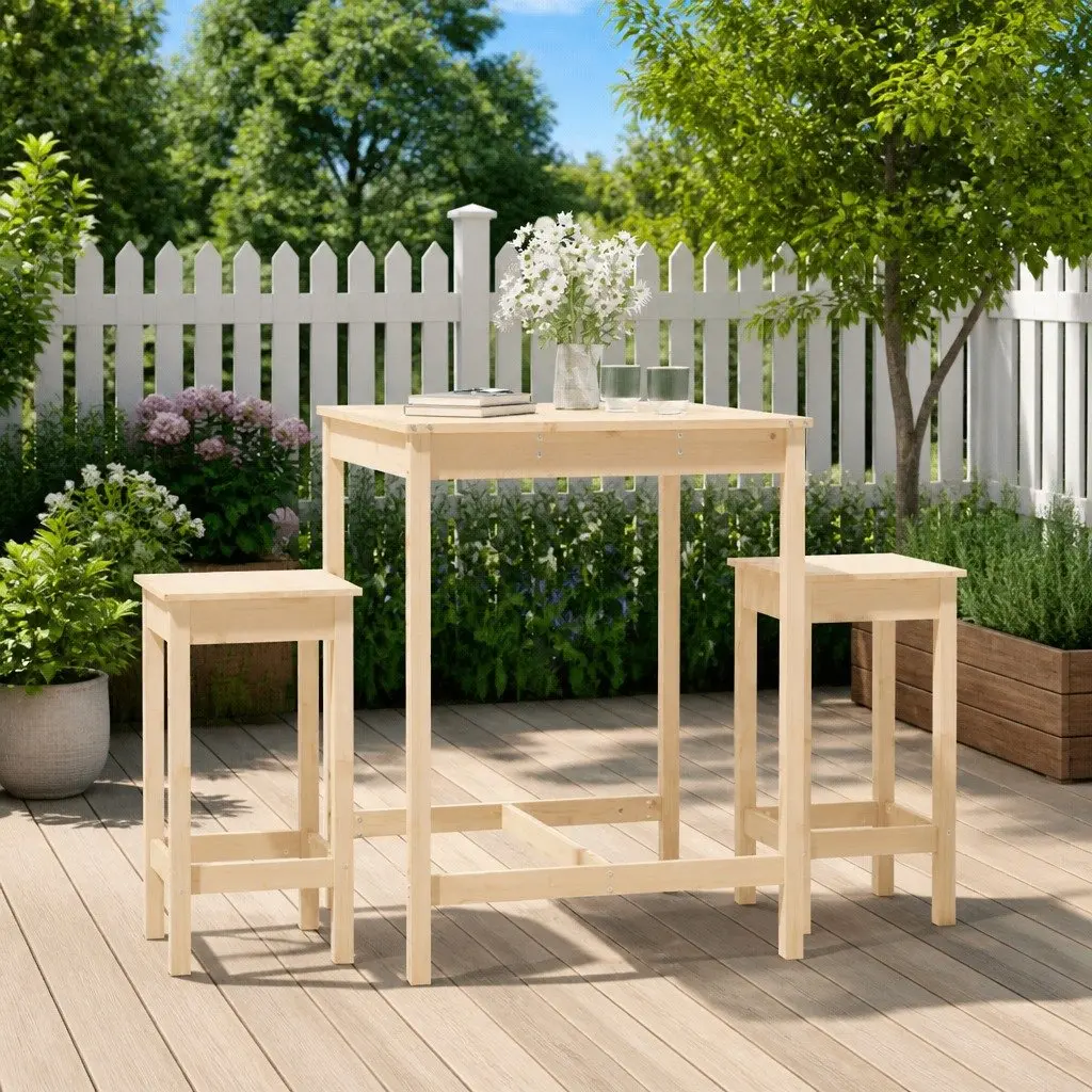 Garden Bar Set Brown 3 Piece Outdoor Furniture Wooden Patio Table Stools Backless