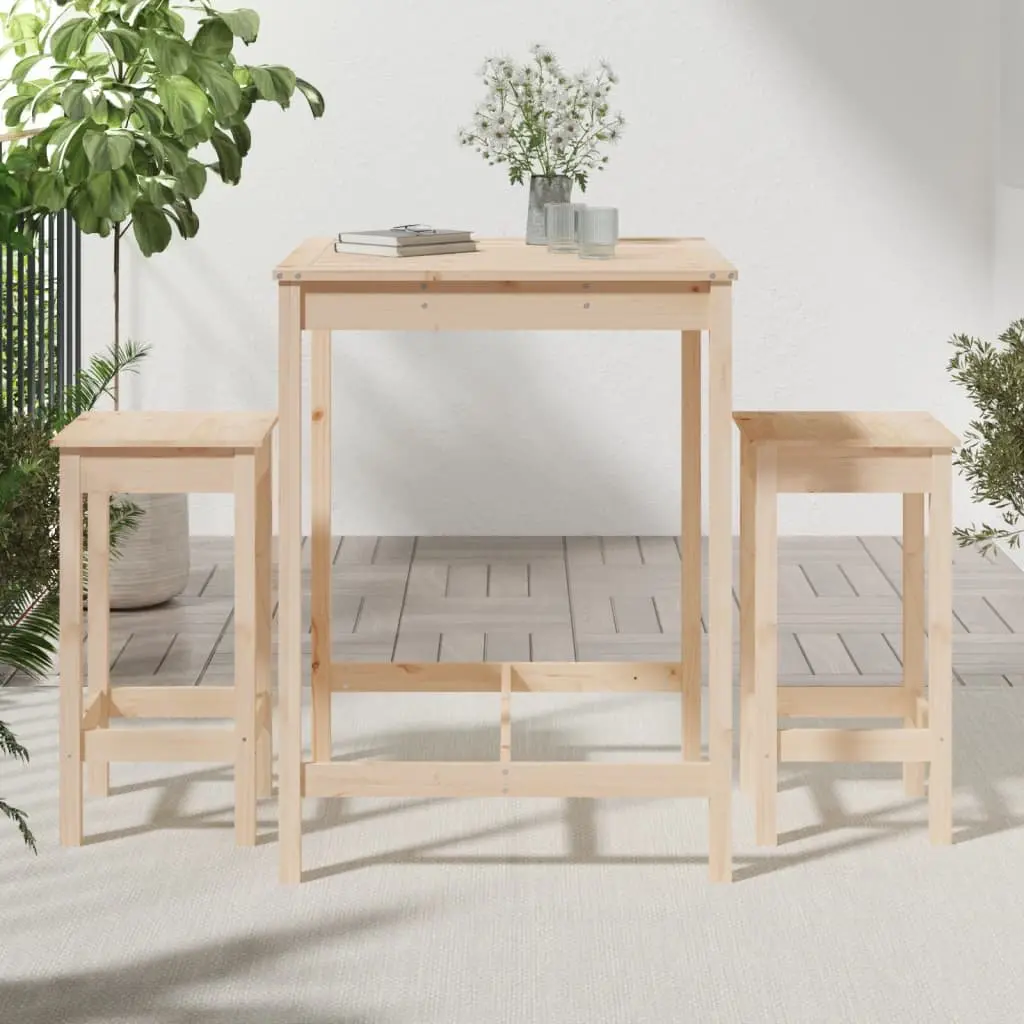 Garden Bar Set Brown 3 Piece Outdoor Furniture Wooden Patio Table Stools Backless