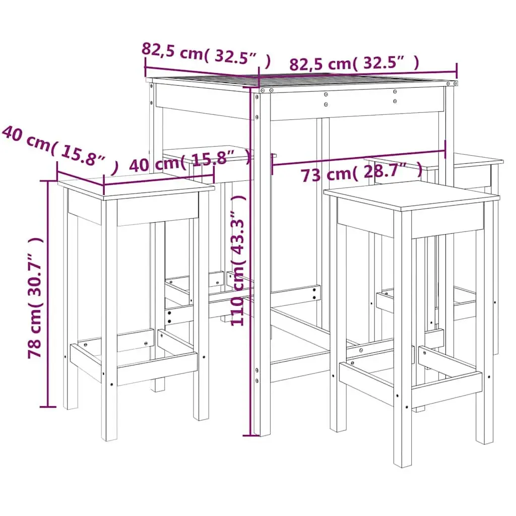 5 Piece Outdoor Bar Set Garden Patio Furniture Solid Wood Stools Table Black