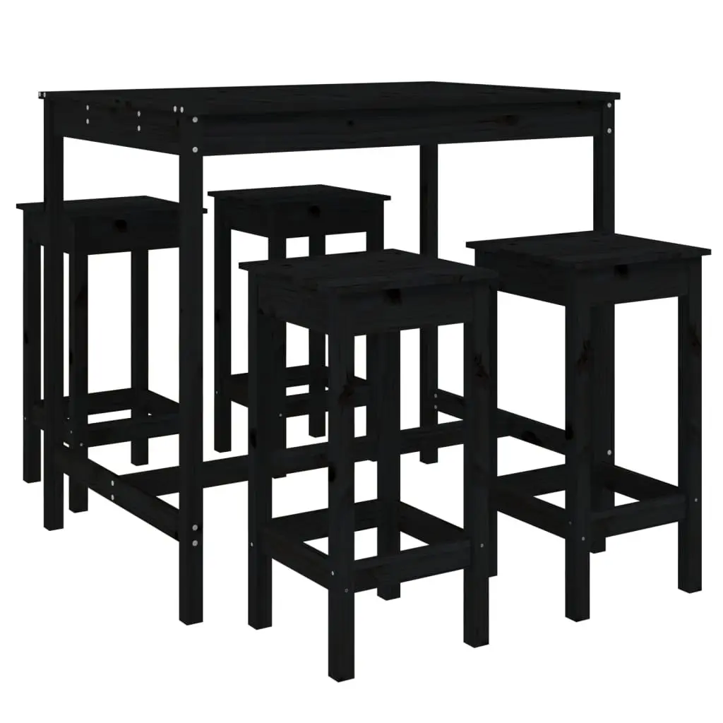 5 Piece Garden Bar Set Black Solid Pine Wood Outdoor Patio Furniture Stools