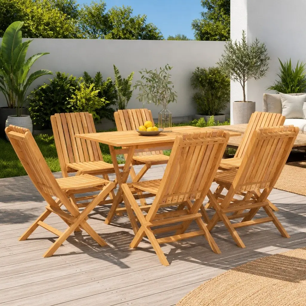 7 Piece Garden Dining Set Brown Solid Teak Wood Foldable Table and Chairs