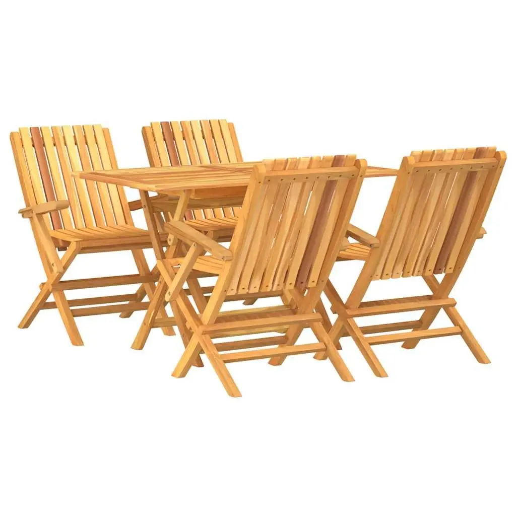 Garden Dining Set Teak Wood Brown 5 Piece Folding Table with Parasol Hole and Slatted Chairs