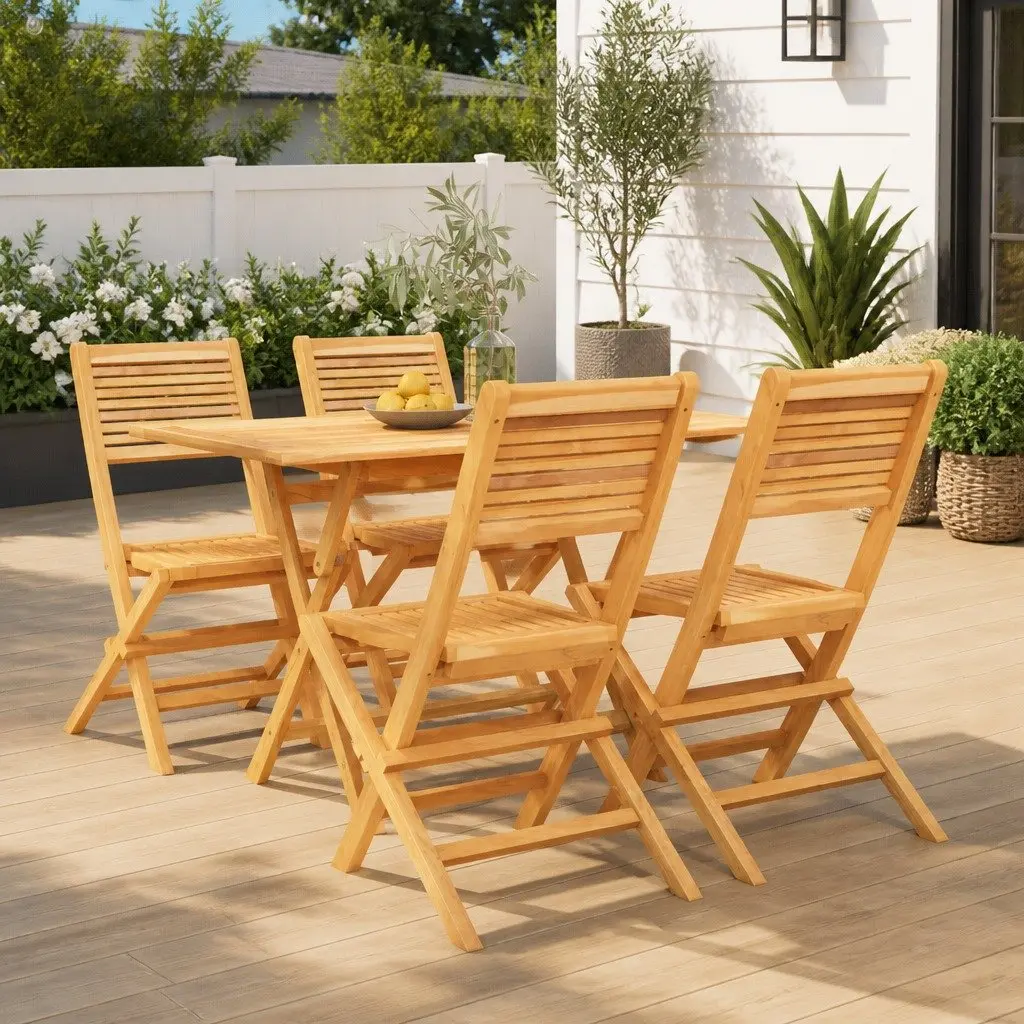 5 Piece Garden Dining Set Outdoor Furniture Teak Wood Table Chairs Foldable