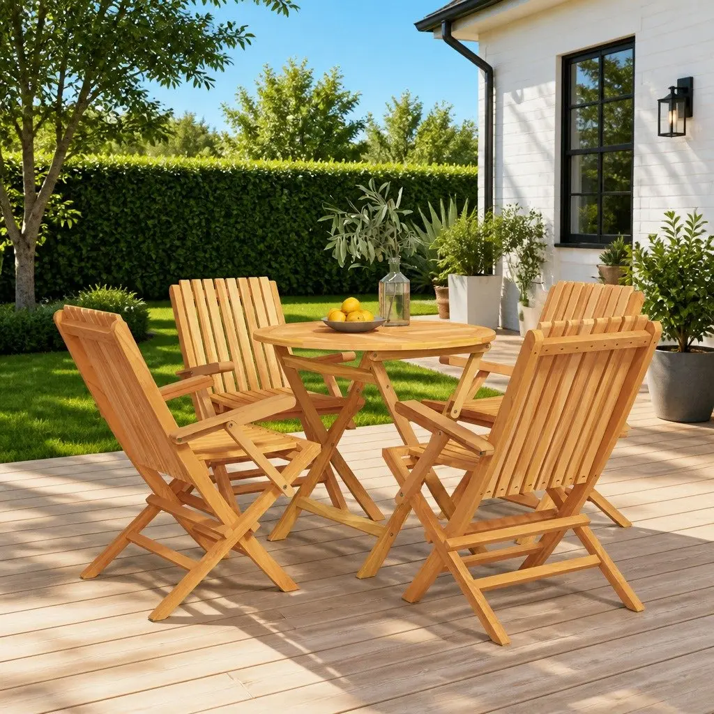 5-Piece Garden Dining Set with Folding Teak Chairs