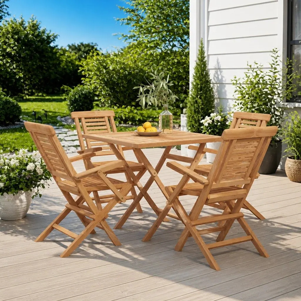 Garden Dining Set Brown 5 Piece Outdoor Furniture Table Chairs Foldable Backrest