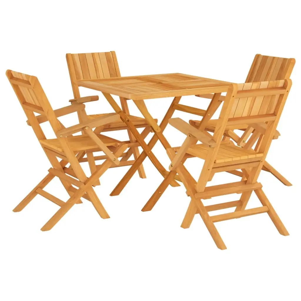 5 Piece Outdoor Dining Set Brown Teak Wood Foldable Slatted Chairs and Table