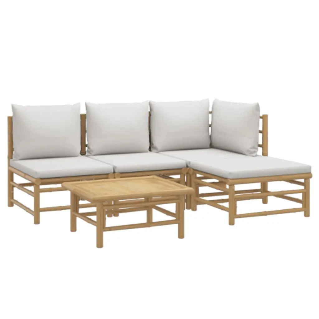 5 Piece Bamboo Garden Lounge Set Outdoor Furniture with Light Grey Cushions