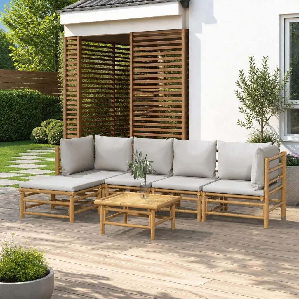 Garden Lounge Set Brown 6 Piece Bamboo Outdoor Furniture Modular with Cushions