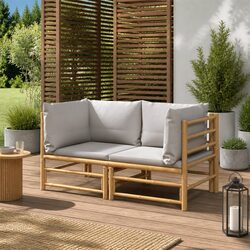 Bamboo Garden Corner Sofas 2 pcs with Grey Cushions Outdoor Furniture Set