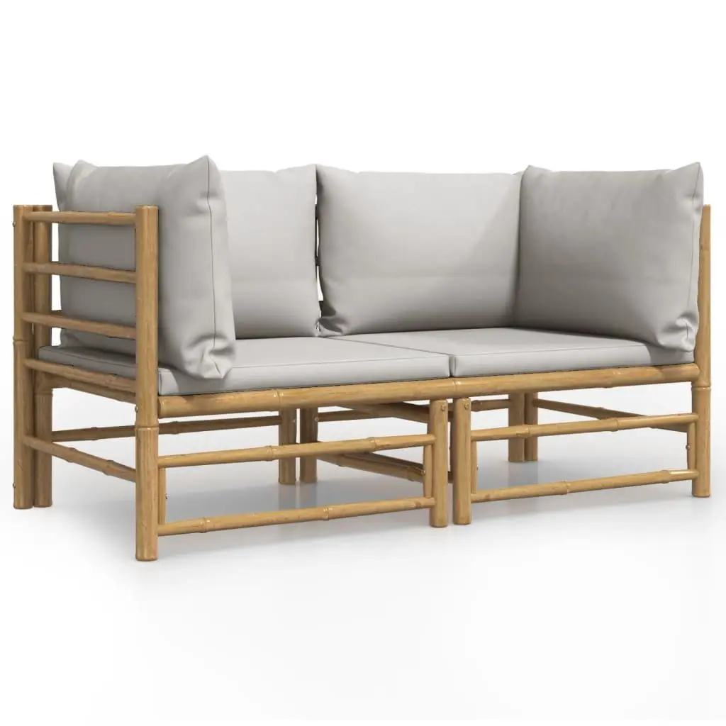Bamboo Garden Corner Sofas 2 pcs with Grey Cushions Outdoor Furniture Set