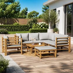 Garden Lounge Set 8 Piece Bamboo Outdoor Furniture with Cushions Brown