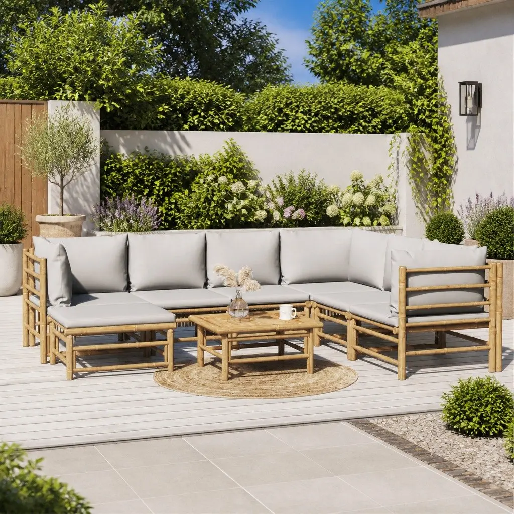Garden Lounge Set Brown 8 Piece Modular Bamboo Outdoor Furniture with Cushions