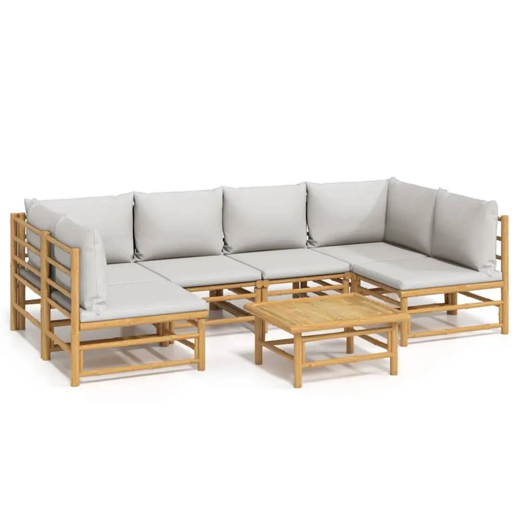 7 Piece Bamboo Garden Lounge Set Outdoor Furniture with Light Grey Cushions