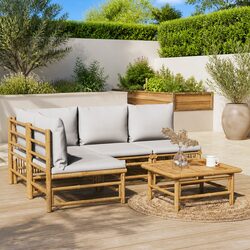 5 Piece Bamboo Garden Lounge Set Outdoor Furniture with Light Grey Cushions