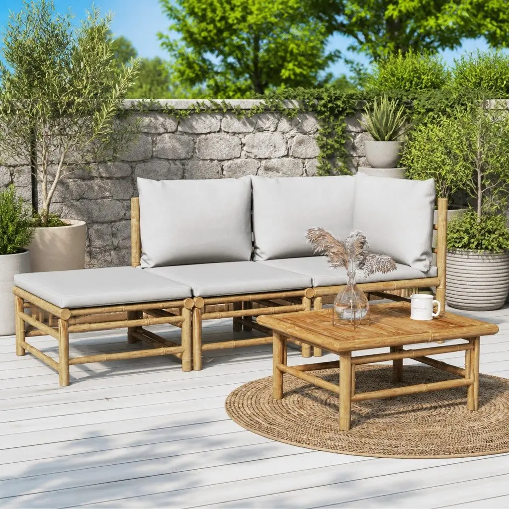 3 Piece Garden Lounge Set Brown Bamboo Sofa with Light Grey Cushions Table